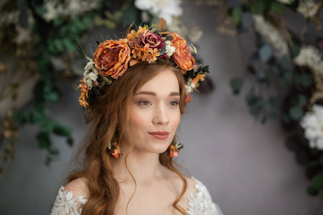 Orange Boho Flower Crown: Fall Wedding Hair Accessories – handmade floral hair accessory by magaela