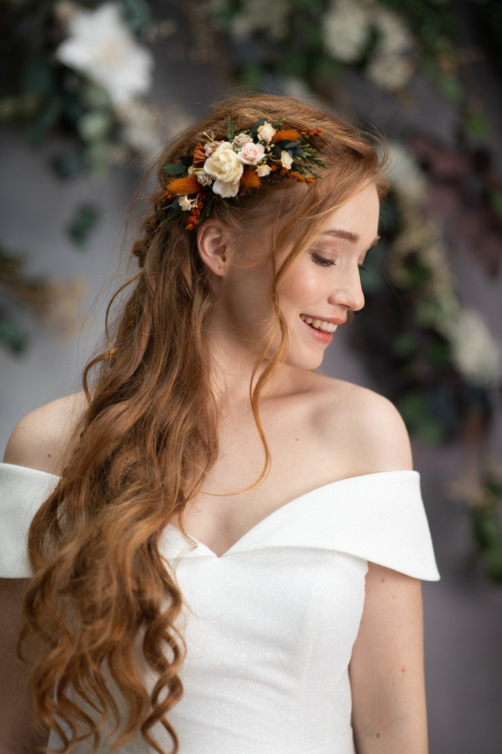 Burnt Orange Flower Hair Comb: Terracotta Wedding Headpiece – handmade floral hair accessory by magaela