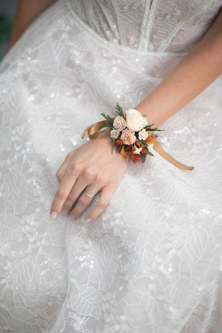 Autumn Wedding Corsage: Burnt Orange, Ivory & Pink Flower Bracelet – handmade floral hair accessory by magaela