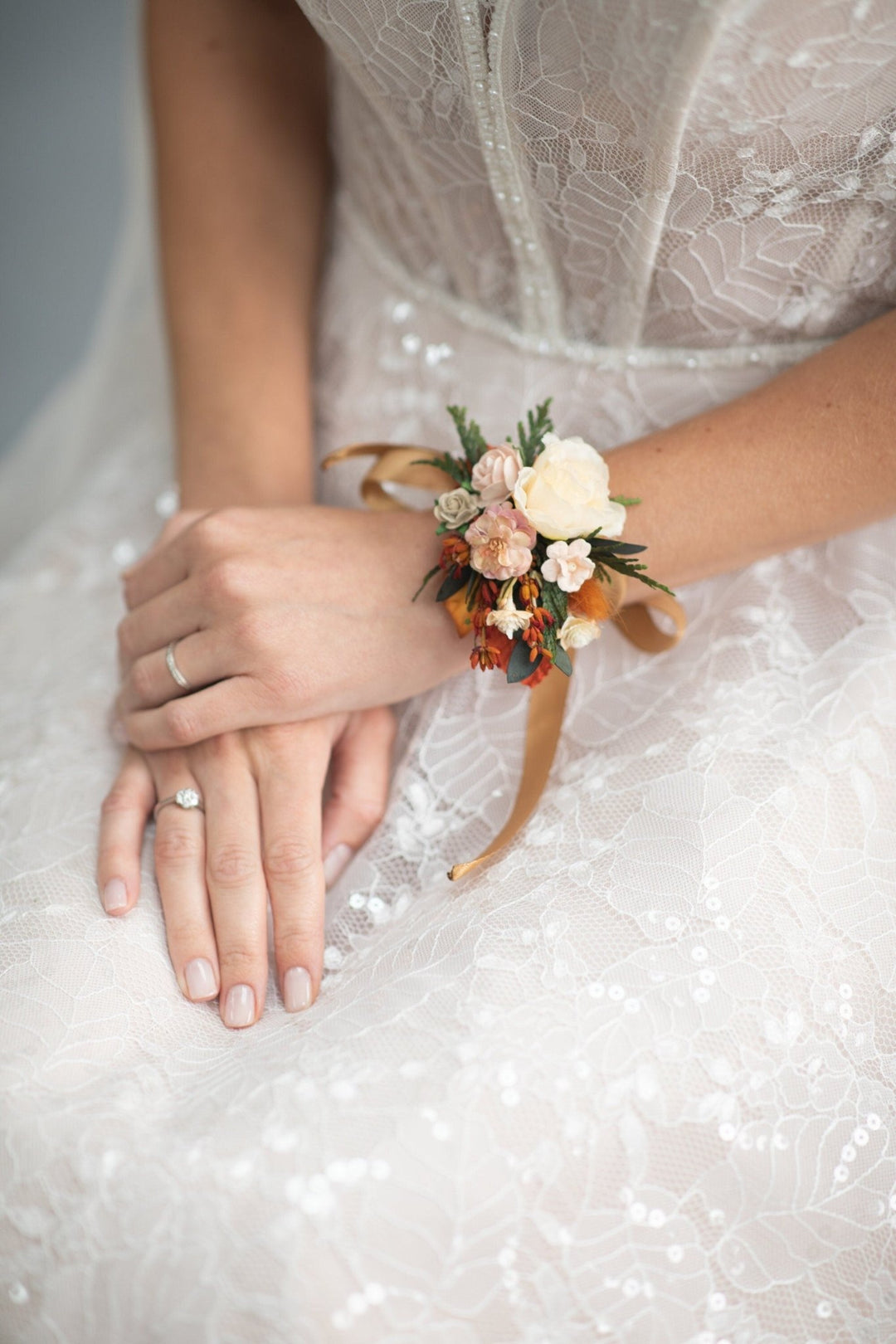 Autumn Wedding Corsage: Burnt Orange, Ivory & Pink Flower Bracelet – handmade floral hair accessory by magaela