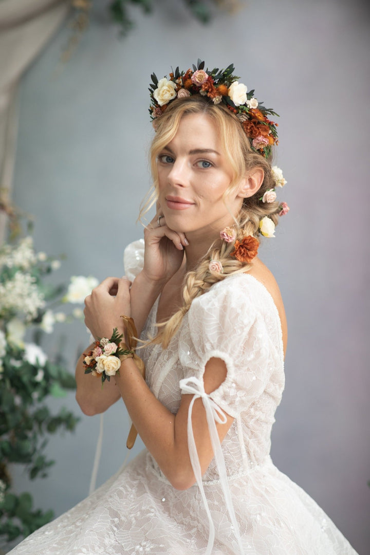 Autumn Wedding Flower Headband: Burnt Orange & Ivory Roses – handmade floral hair accessory by magaela
