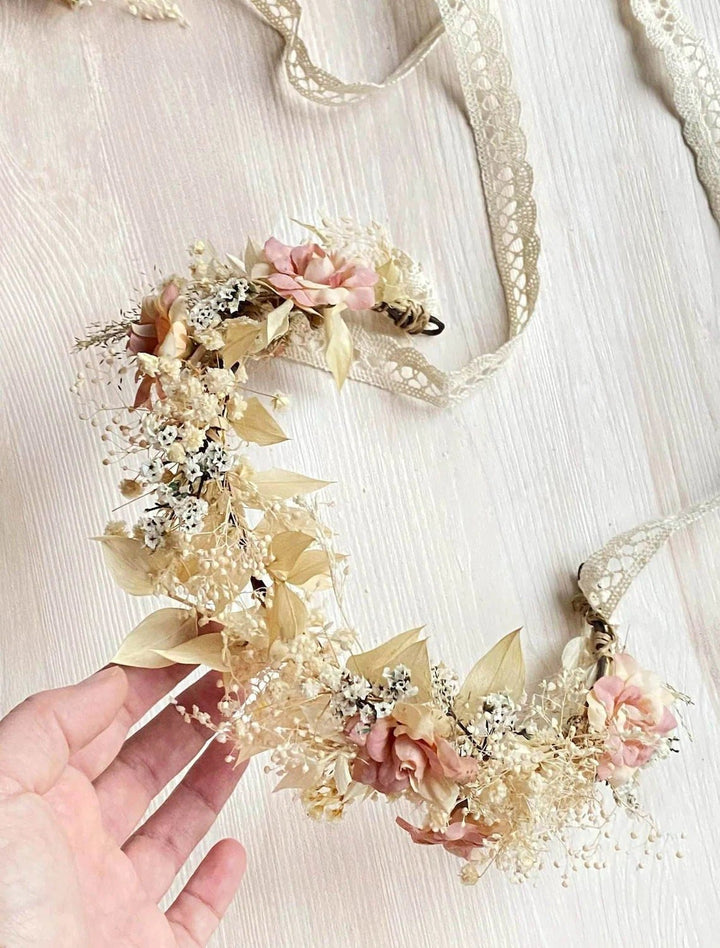 Rustic Flower Hair Crown: Blush Ivory Bridal Hair Wreath – handmade floral hair accessory by magaela
