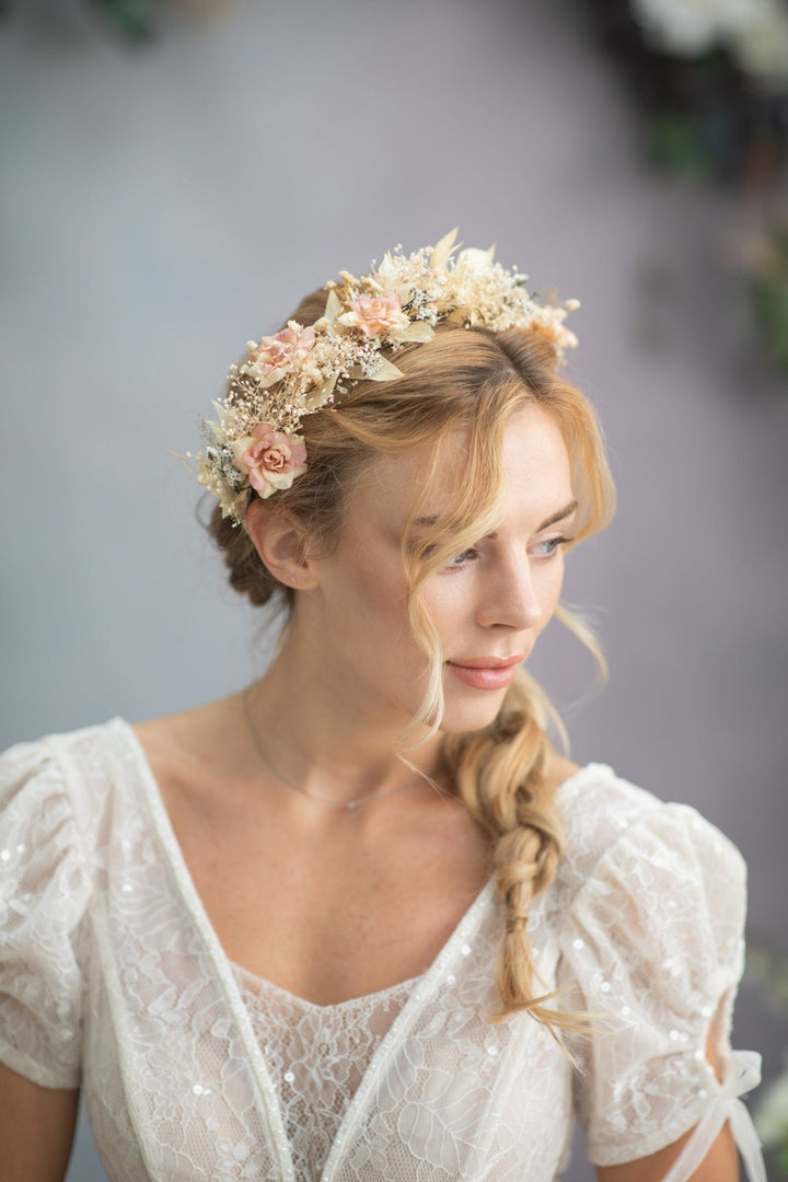 Rustic Flower Hair Crown: Blush Ivory Bridal Hair Wreath – handmade floral hair accessory by magaela