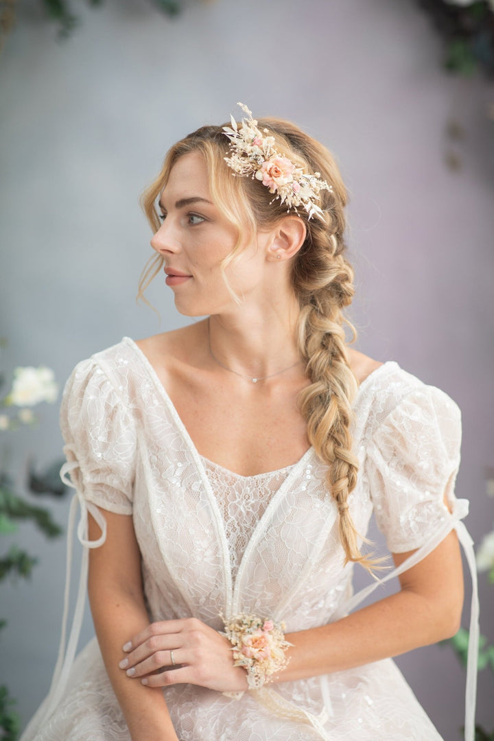 Rustic Blush Flower Bracelet: Ivory Bridal Wrist Corsage – handmade floral hair accessory by magaela