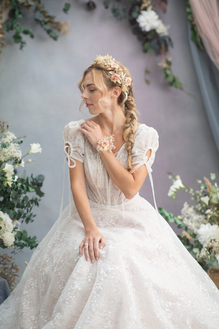 Rustic Blush Flower Bracelet: Ivory Bridal Wrist Corsage – handmade floral hair accessory by magaela