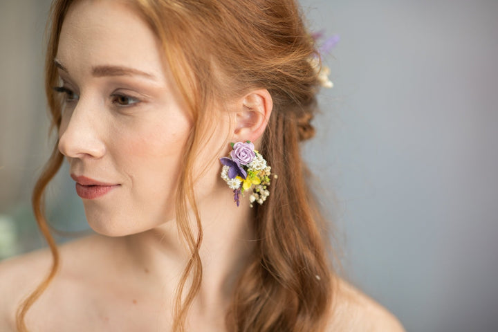 Lavender Flower Earrings: Yellow Floral Stud Earrings, Bridal Jewelry – handmade floral hair accessory by magaela