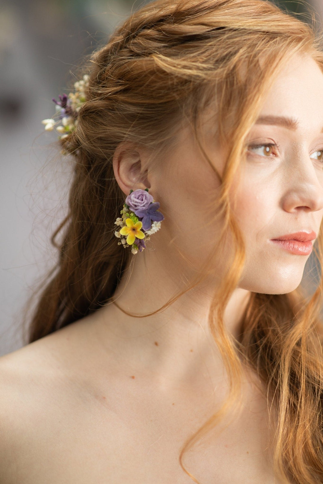 Lavender Flower Earrings: Yellow Floral Stud Earrings, Bridal Jewelry – handmade floral hair accessory by magaela
