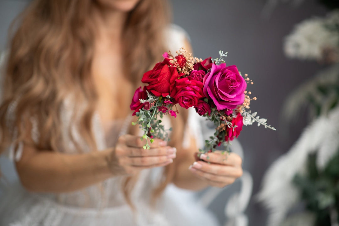 Red & Fuchsia Rose Flower Headband: Frida Inspired Bridal Headpiece – handmade floral hair accessory by magaela