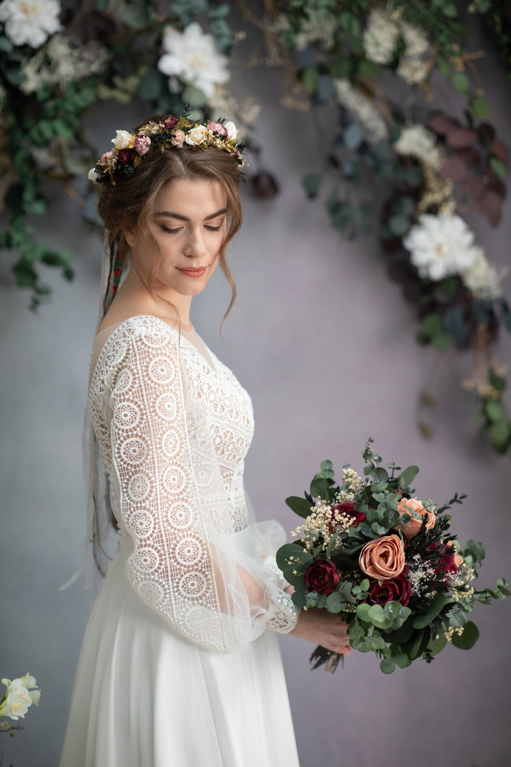 Burgundy Eucalyptus Wedding Bouquet: Dark Red & Peach Roses – handmade floral hair accessory by magaela