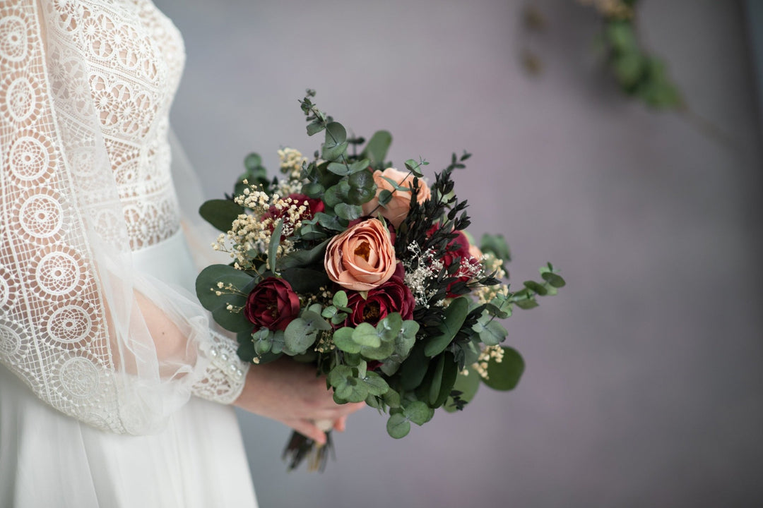 Burgundy Eucalyptus Wedding Bouquet: Dark Red & Peach Roses – handmade floral hair accessory by magaela