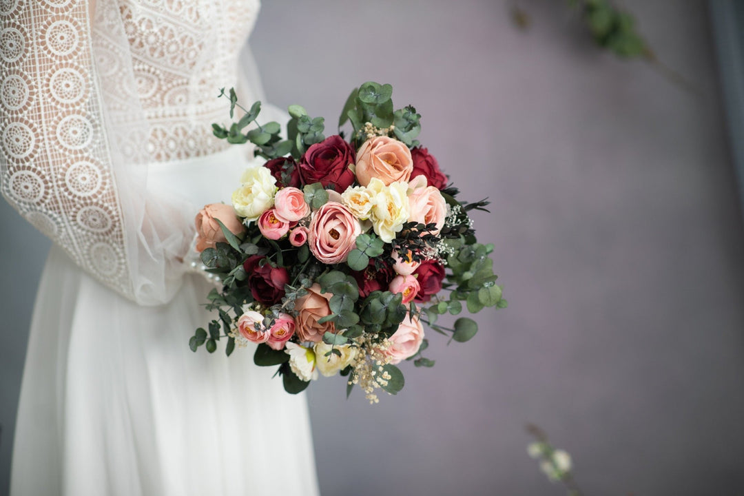 Burgundy Blush Rose Bridal Bouquet: Romantic Eucalyptus Wedding Accessory – handmade floral hair accessory by magaela