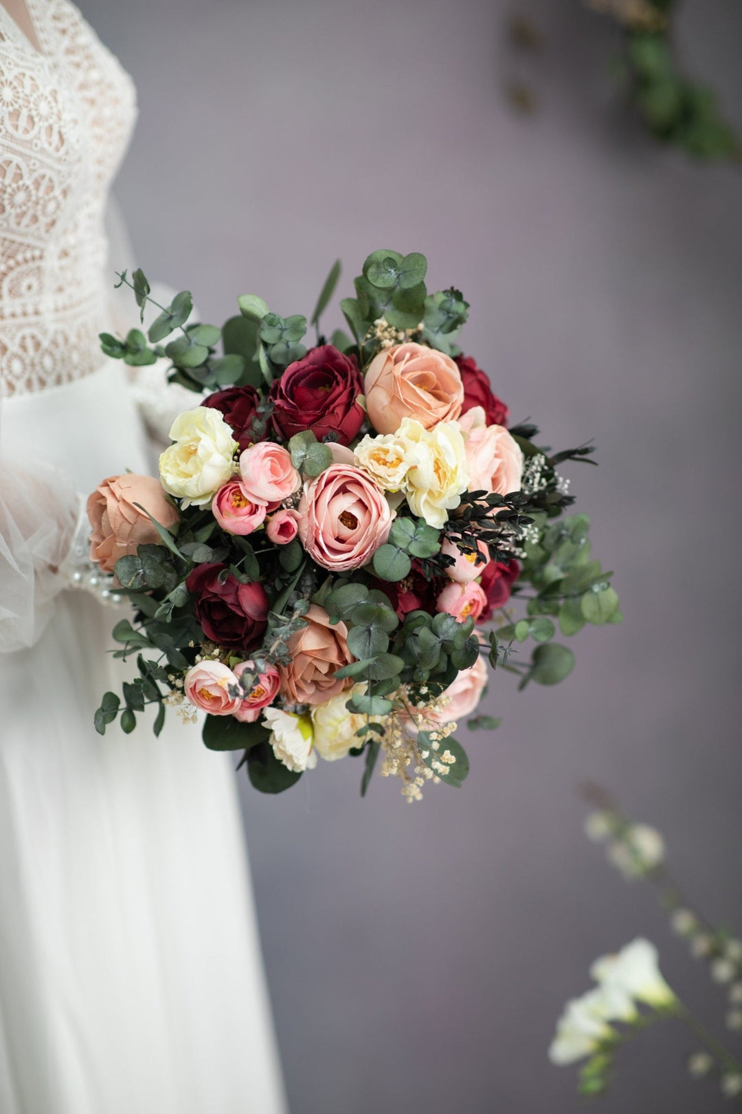 Burgundy Blush Rose Bridal Bouquet: Romantic Eucalyptus Wedding Accessory – handmade floral hair accessory by magaela