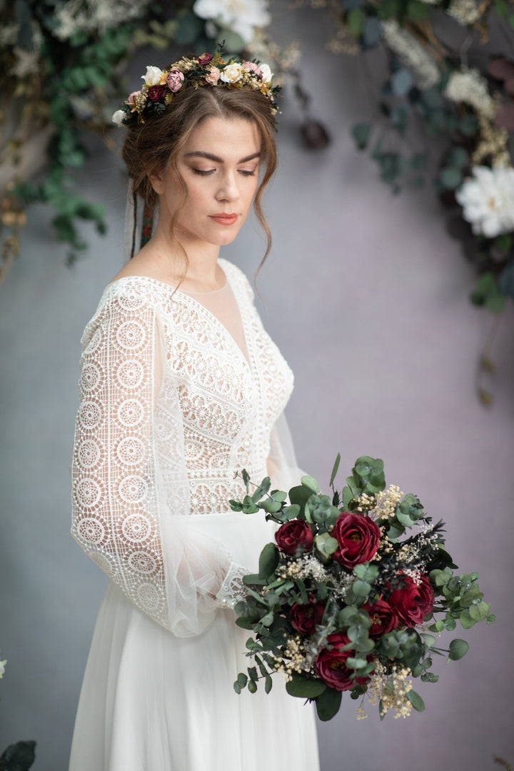 Burgundy Rose Bridal Bouquet: Romantic Wedding Flowers with Eucalyptus – handmade floral hair accessory by magaela