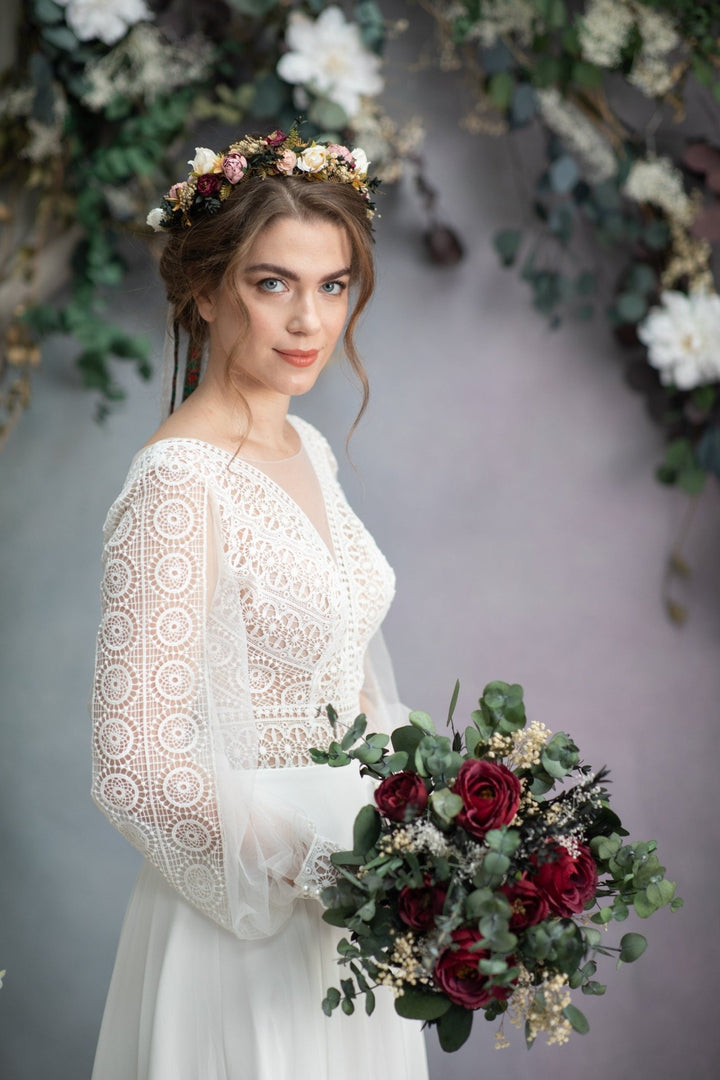 Burgundy Rose Bridal Bouquet: Romantic Wedding Flowers with Eucalyptus – handmade floral hair accessory by magaela