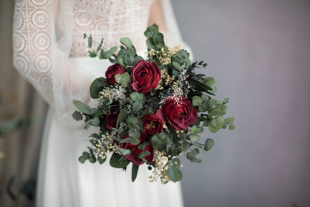 Burgundy Rose Bridal Bouquet: Romantic Wedding Flowers with Eucalyptus – handmade floral hair accessory by magaela