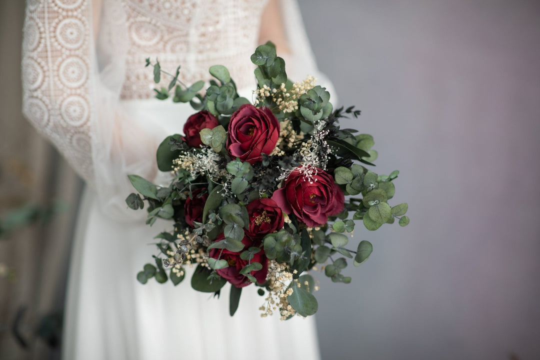 Burgundy Rose Bridal Bouquet: Romantic Wedding Flowers with Eucalyptus – handmade floral hair accessory by magaela