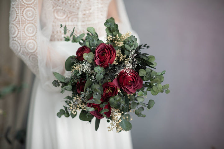 Burgundy Rose Bridal Bouquet: Romantic Wedding Flowers with Eucalyptus – handmade floral hair accessory by magaela