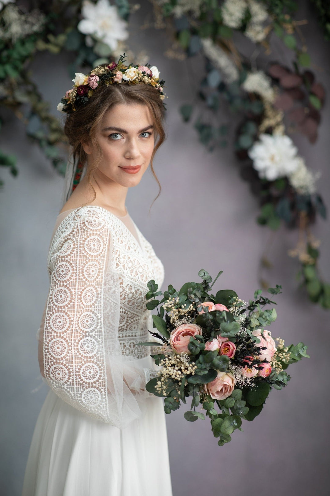 Peach Rose Wedding Bouquet: Blush Eucalyptus Bridal Bouquet – handmade floral hair accessory by magaela