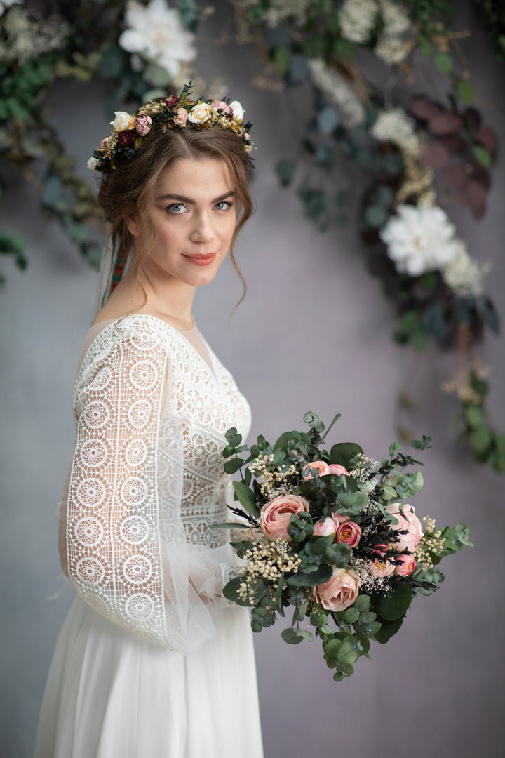 Peach Rose Wedding Bouquet: Blush Eucalyptus Bridal Bouquet – handmade floral hair accessory by magaela