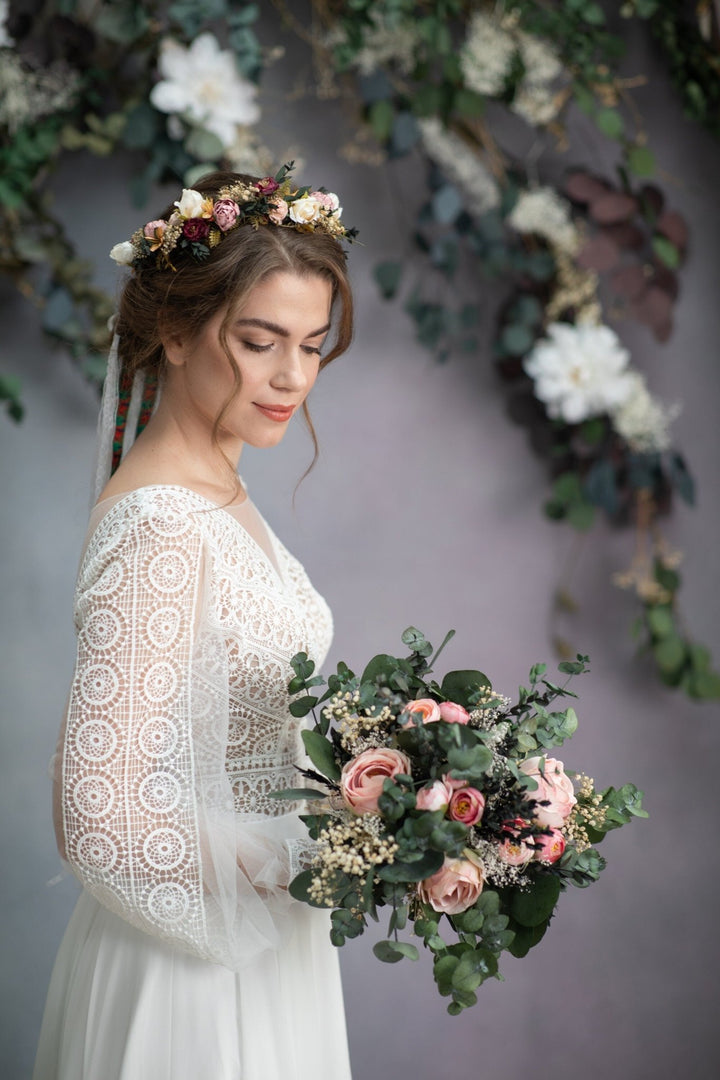 Peach Rose Wedding Bouquet: Blush Eucalyptus Bridal Bouquet – handmade floral hair accessory by magaela