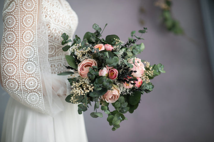 Peach Rose Wedding Bouquet: Blush Eucalyptus Bridal Bouquet – handmade floral hair accessory by magaela