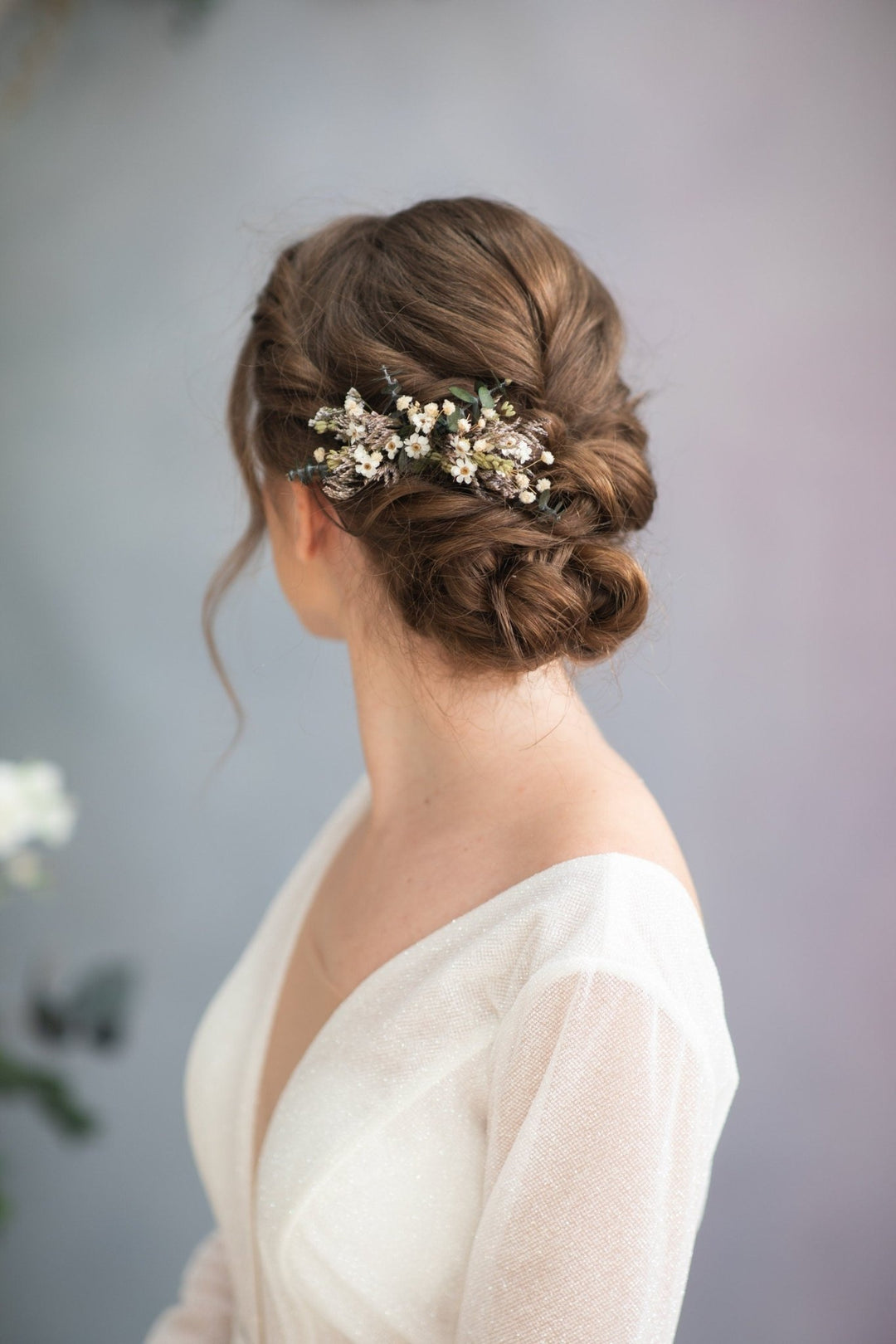Delicate Dried Flower Hair Comb: Greenery Wedding Headpiece – handmade floral hair accessory by magaela