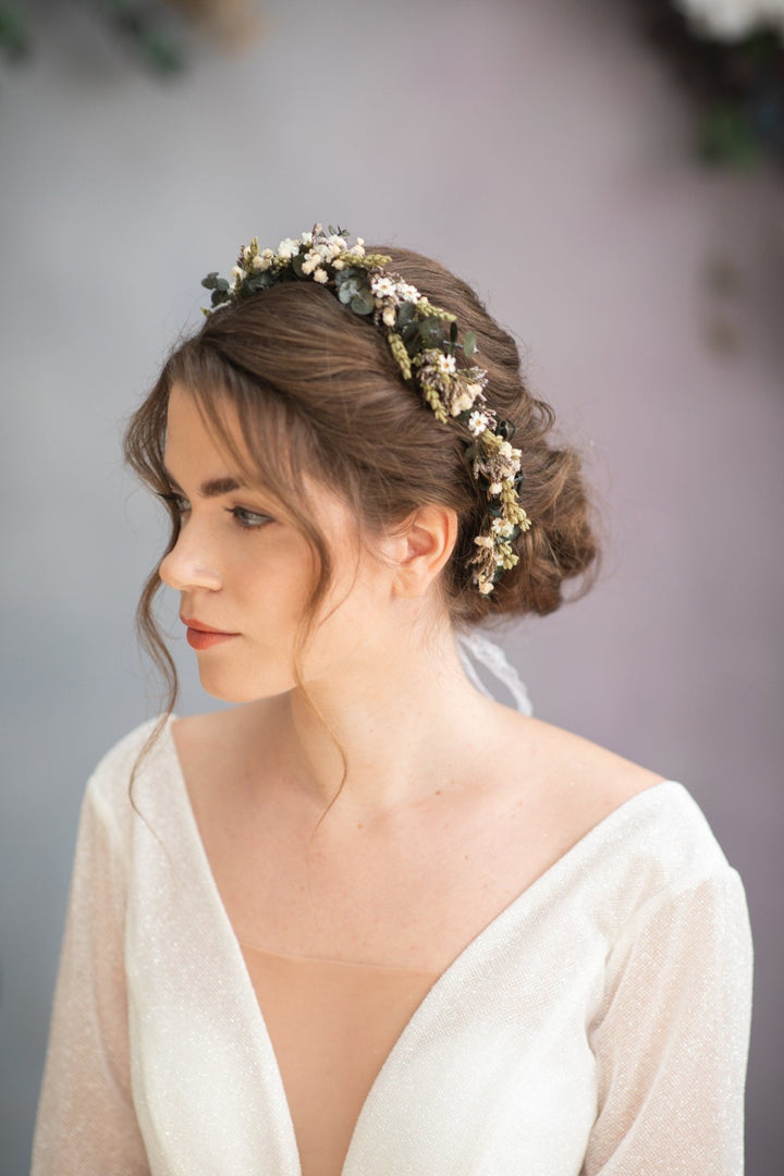 Dried Flower Wedding Crown: Greenery Bridal Headpiece – handmade floral hair accessory by magaela