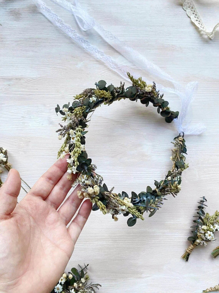 Dried Flower Wedding Crown: Greenery Bridal Headpiece – handmade floral hair accessory by magaela