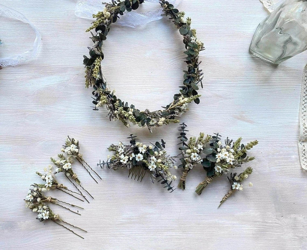 Dried Flower Wedding Crown: Greenery Bridal Headpiece – handmade floral hair accessory by magaela