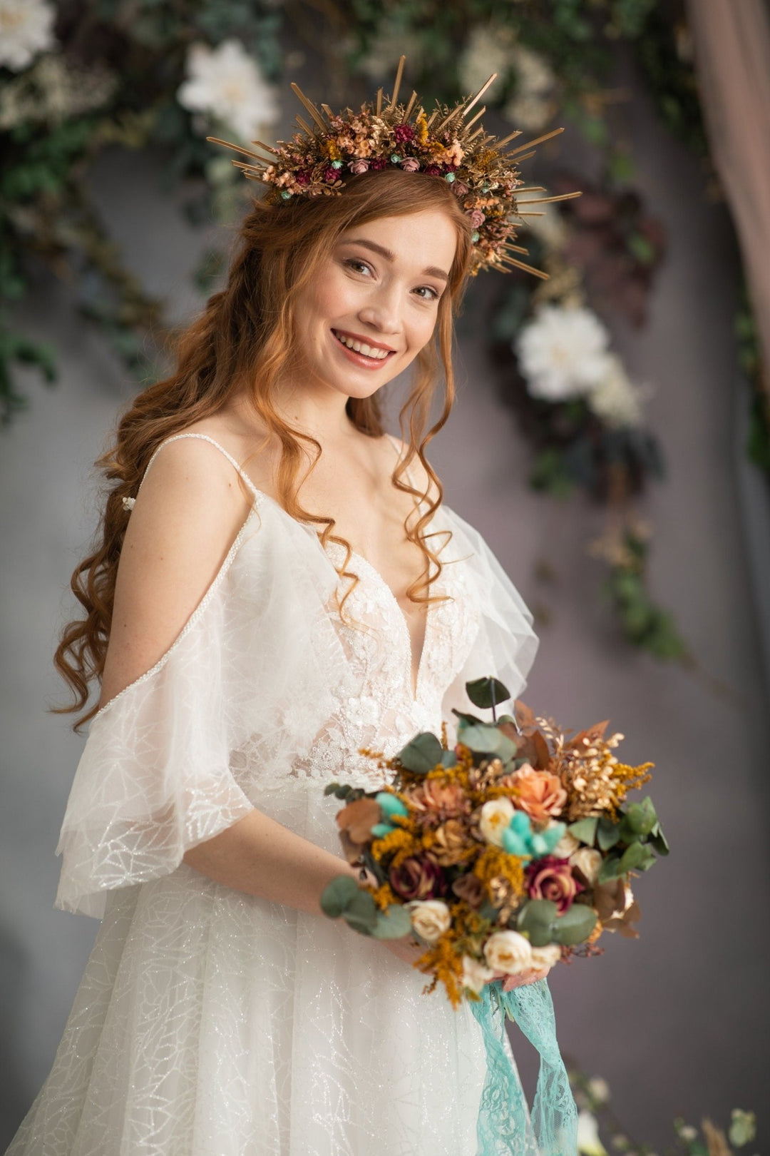 Autumn Wedding Bouquet: Ivory Roses, Turquoise Bunny Tails, Eucalyptus – handmade floral hair accessory by magaela