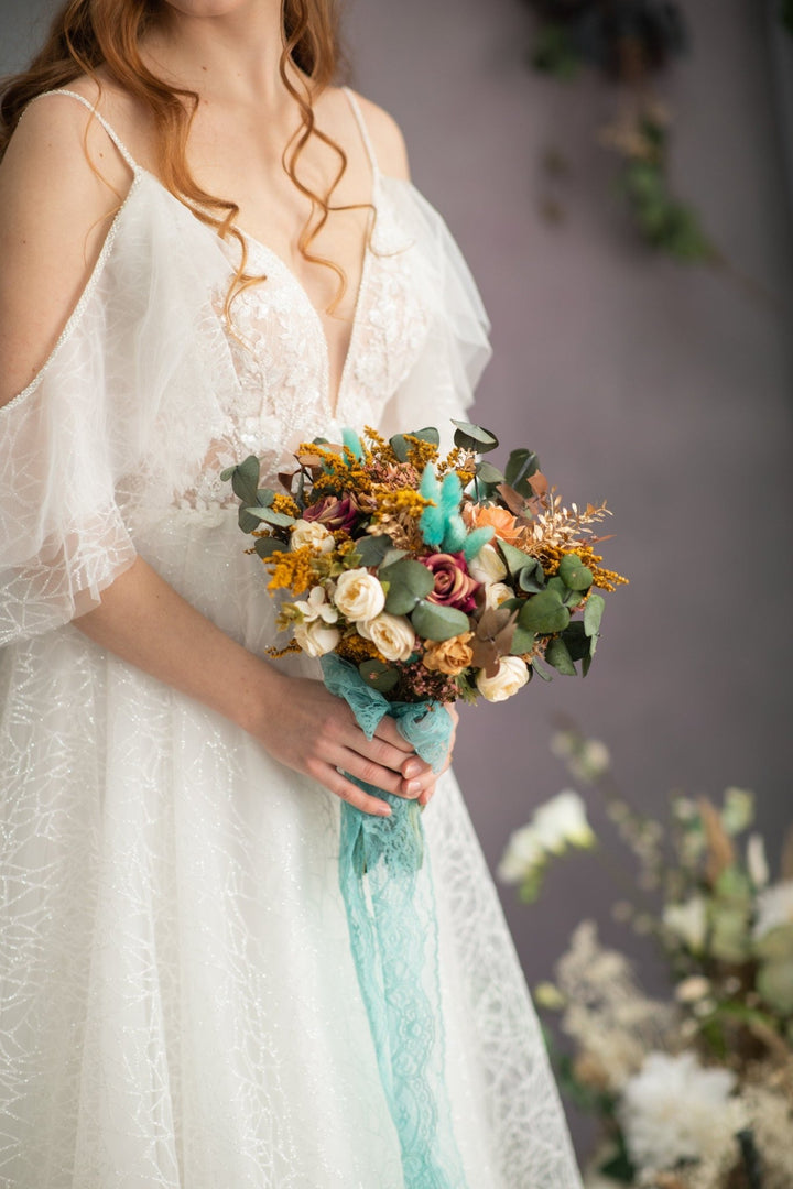 Autumn Wedding Bouquet: Ivory Roses, Turquoise Bunny Tails, Eucalyptus – handmade floral hair accessory by magaela