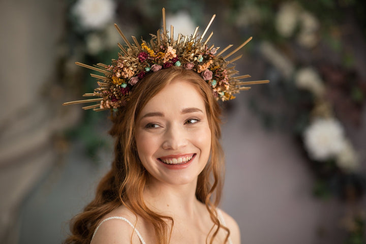 Autumn Flower Halo Crown: Burgundy Pink Wedding Headband – handmade floral hair accessory by magaela