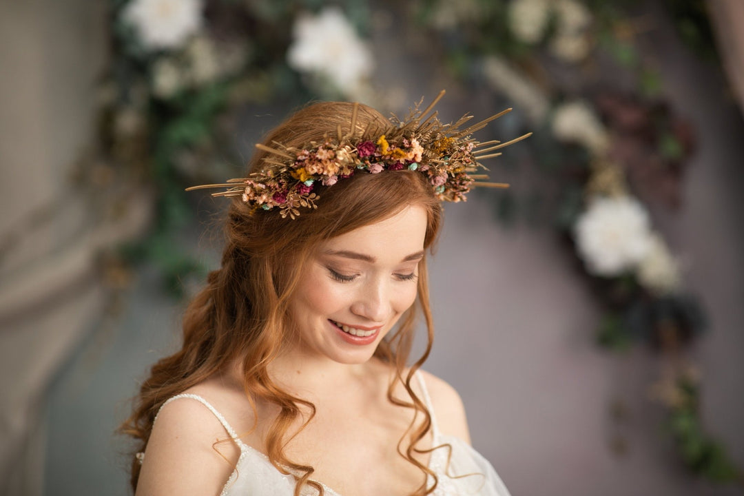 Autumn Flower Halo Crown: Burgundy Pink Wedding Headband – handmade floral hair accessory by magaela