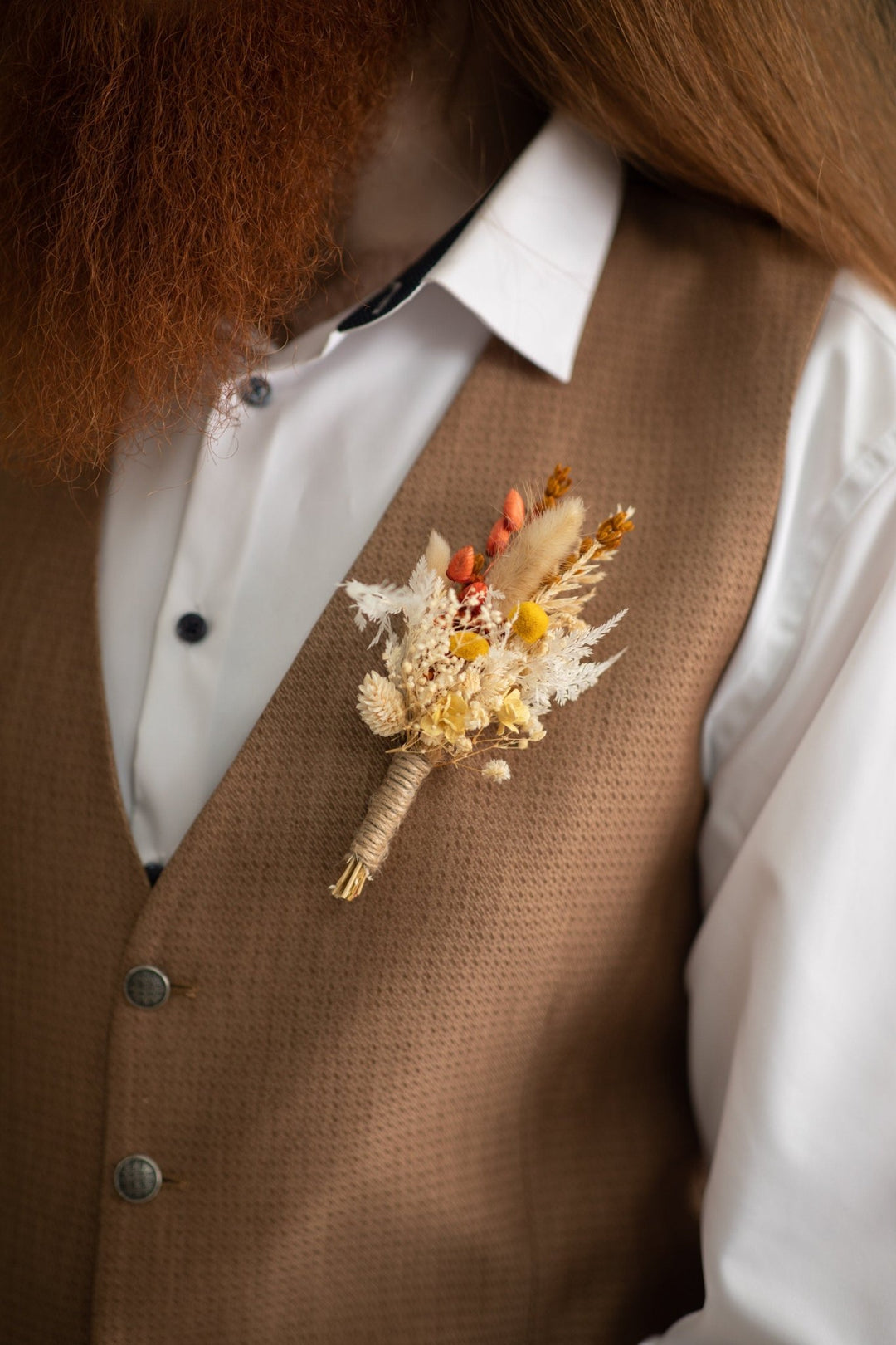 Fall Wedding Dried Flower Boutonniere: Orange & Yellow Groom Corsage – handmade floral hair accessory by magaela