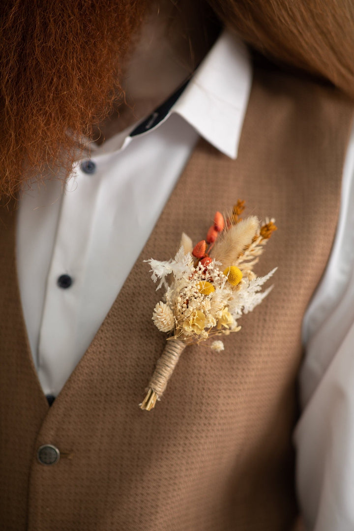 Fall Wedding Dried Flower Boutonniere: Orange & Yellow Groom Corsage – handmade floral hair accessory by magaela