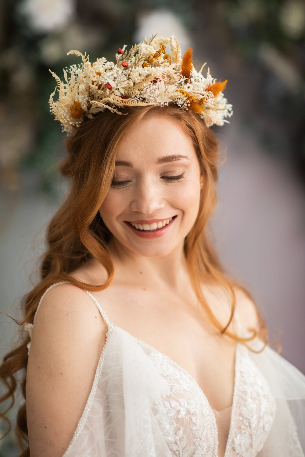 Large Boho Dried Flower Wedding Crown: Burnt Orange & Ivory – handmade floral hair accessory by magaela