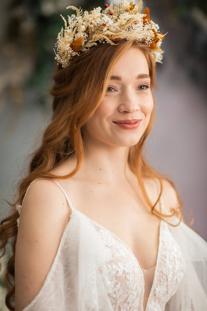 Large Boho Dried Flower Wedding Crown: Burnt Orange & Ivory – handmade floral hair accessory by magaela