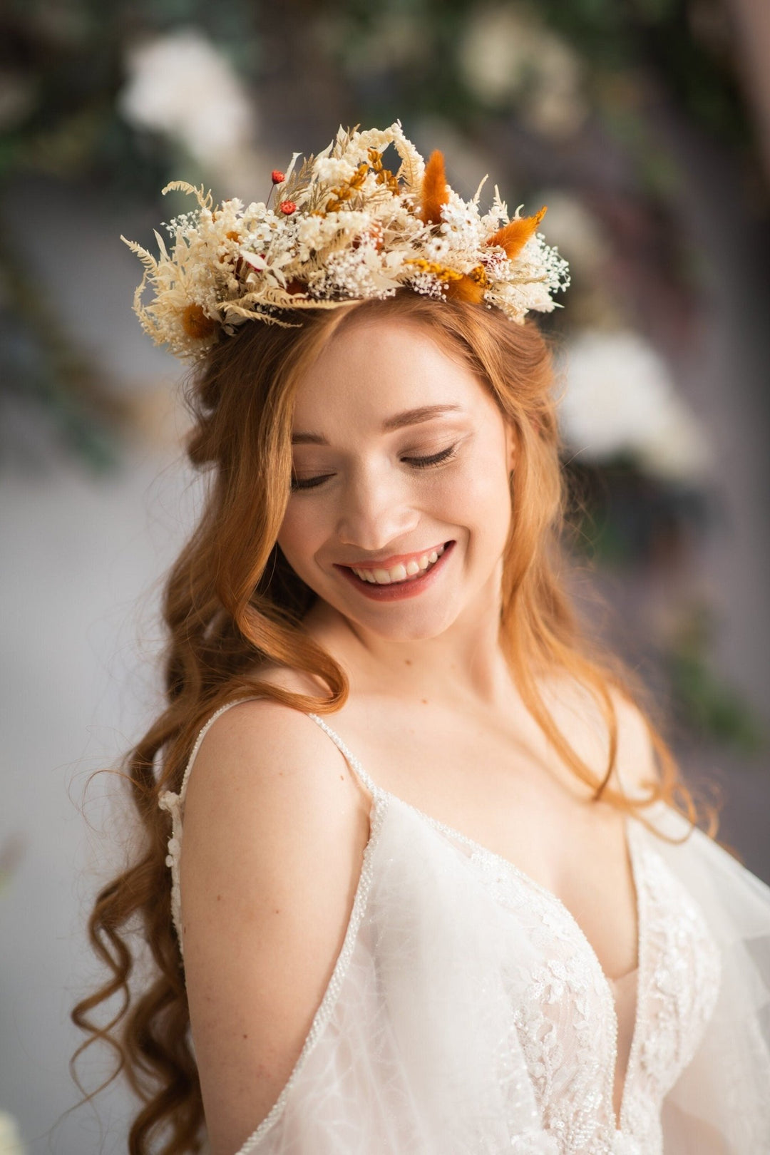 Large Boho Dried Flower Wedding Crown: Burnt Orange & Ivory – handmade floral hair accessory by magaela