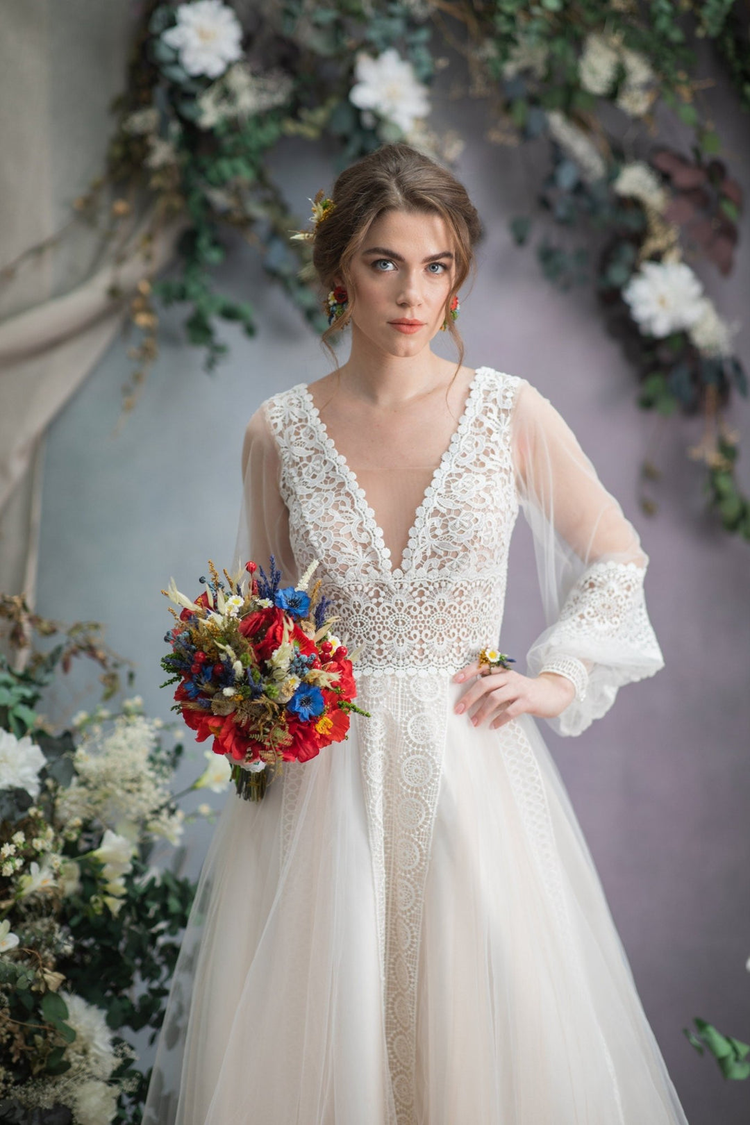 Folk Wedding Bouquet: Red Poppy, Cornflower, and Daisy Bridal Bouquet – handmade floral hair accessory by magaela