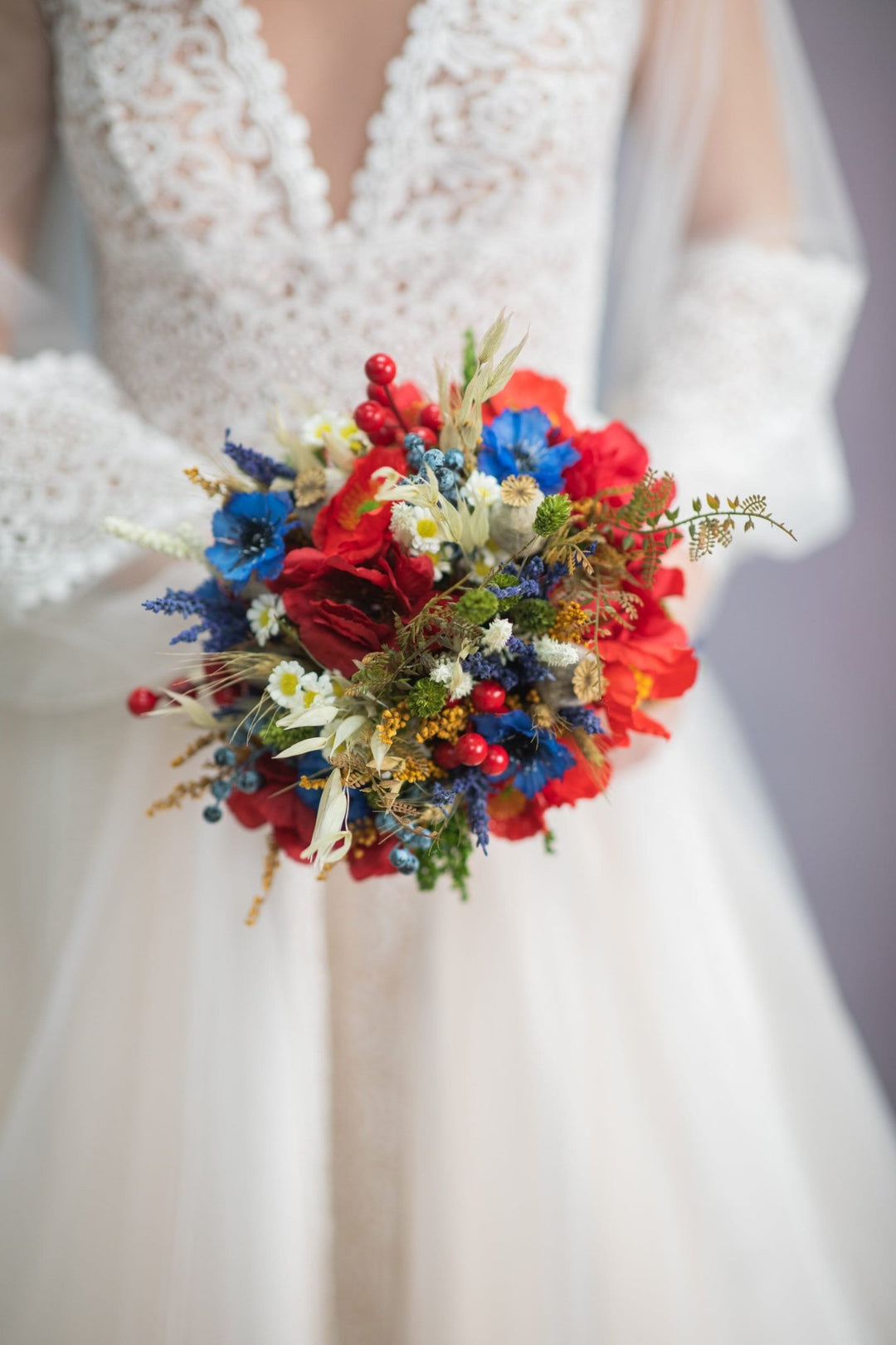 Folk Wedding Bouquet: Red Poppy, Cornflower, and Daisy Bridal Bouquet – handmade floral hair accessory by magaela