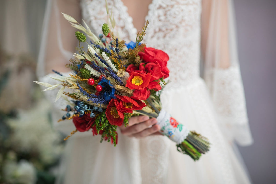 Folk Wedding Bouquet: Red Poppy, Cornflower, and Daisy Bridal Bouquet – handmade floral hair accessory by magaela