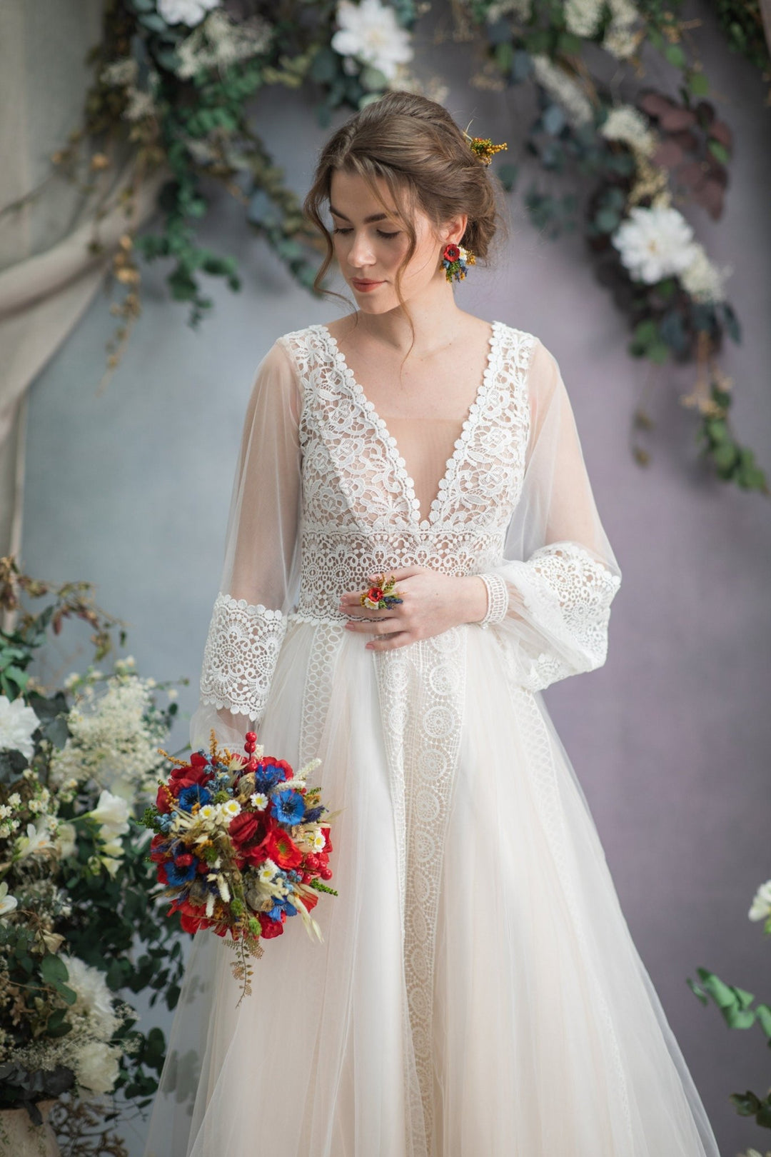 Folk Wedding Bouquet: Red Poppy, Cornflower, and Daisy Bridal Bouquet – handmade floral hair accessory by magaela