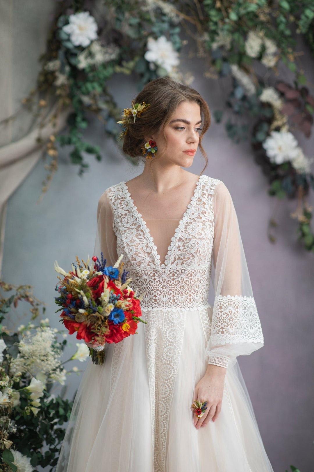 Folk Wedding Earrings: Poppy & Daisy Bridal Meadow Jewelry – handmade floral hair accessory by magaela