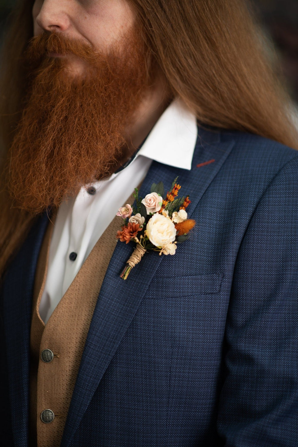 Autumn Wedding Boutonniere: Burnt Orange & Ivory, Terracotta Groomsmen Lapel – handmade floral hair accessory by magaela