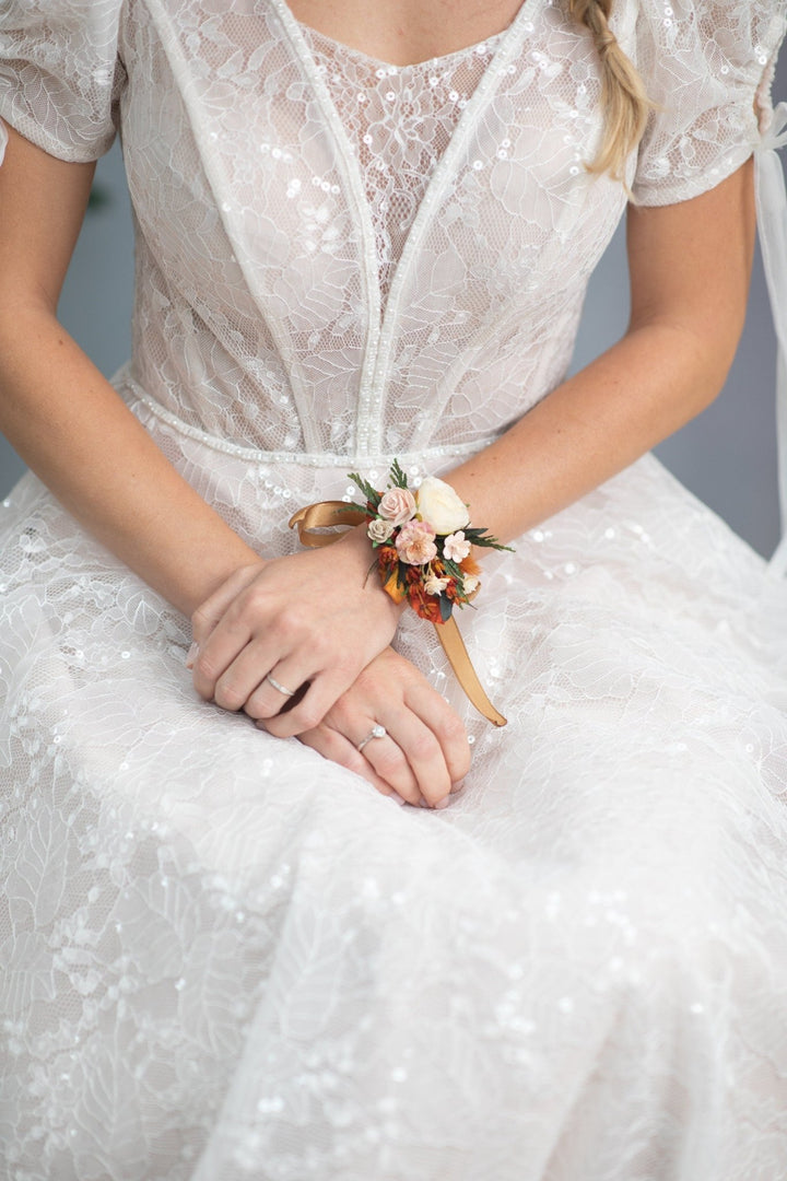 Autumn Wedding Corsage: Burnt Orange, Ivory & Pink Flower Bracelet – handmade floral hair accessory by magaela