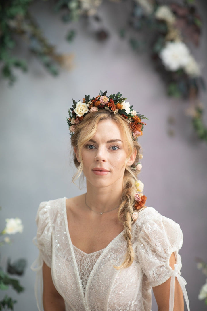 Autumn Wedding Flower Headband: Burnt Orange & Ivory Roses – handmade floral hair accessory by magaela