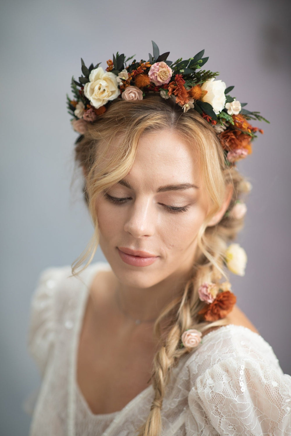 Autumn Wedding Flower Headband: Burnt Orange & Ivory Roses – handmade floral hair accessory by magaela