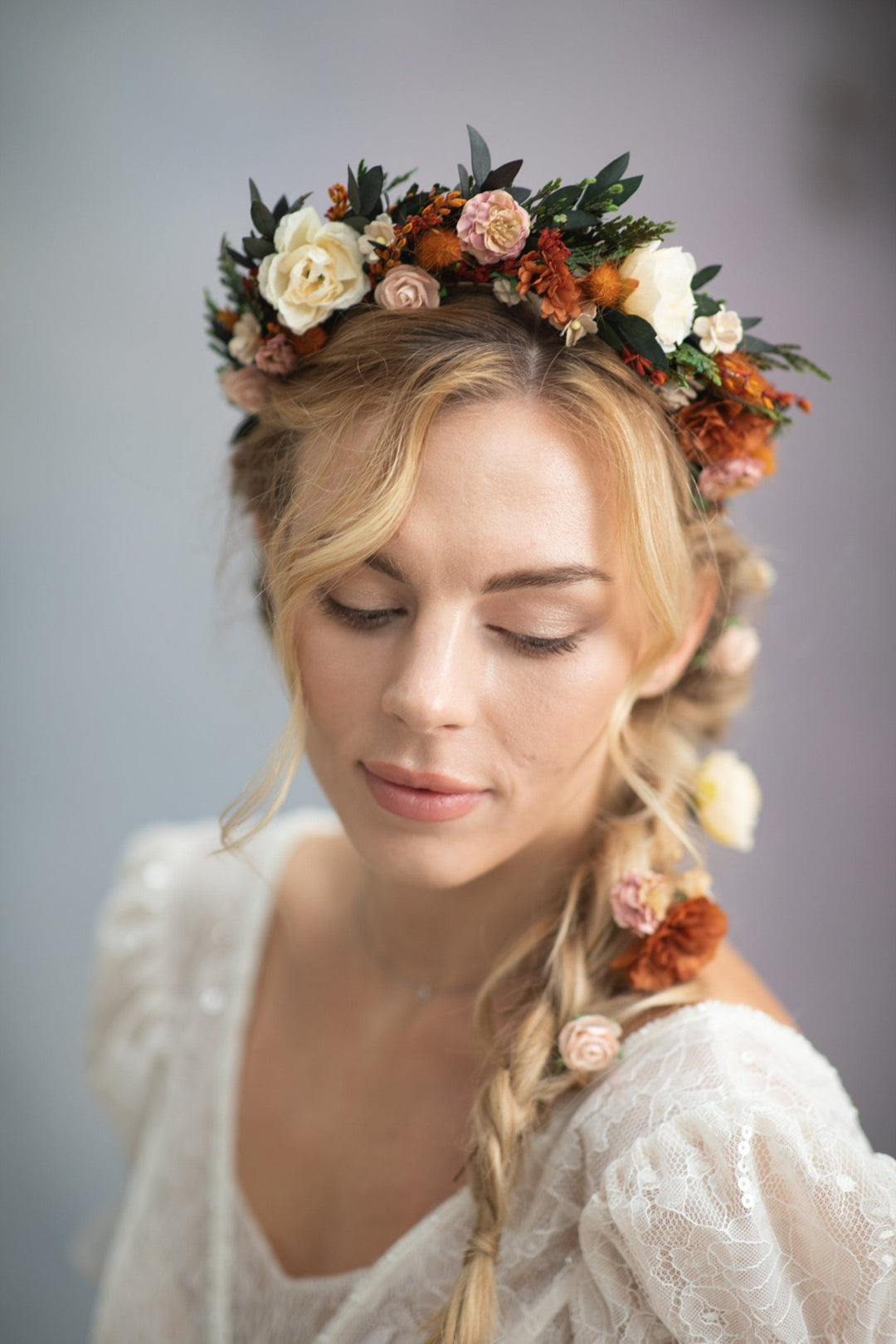 Autumn Wedding Flower Headband: Burnt Orange & Ivory Roses – handmade floral hair accessory by magaela