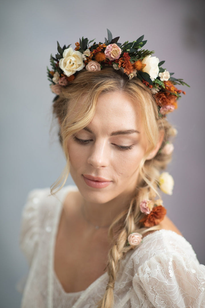 Autumn Wedding Flower Headband: Burnt Orange & Ivory Roses – handmade floral hair accessory by magaela