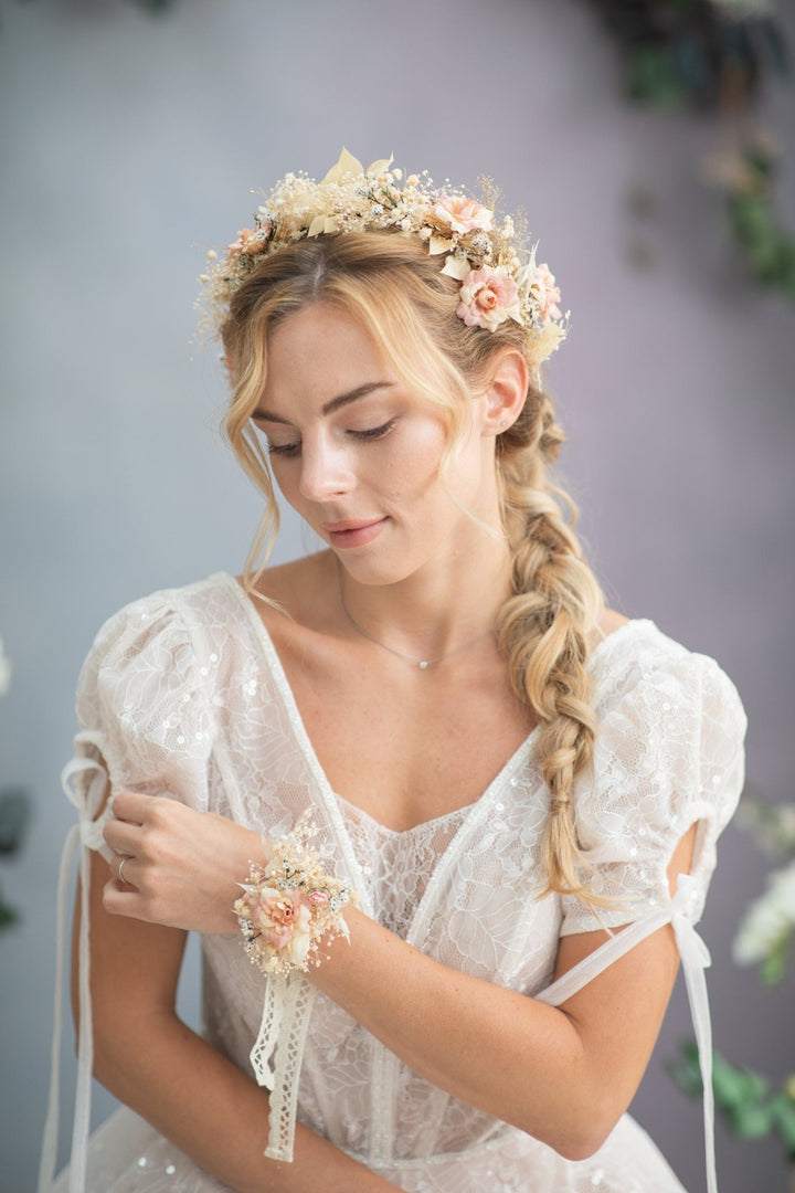 Rustic Flower Hair Crown: Blush Ivory Bridal Hair Wreath – handmade floral hair accessory by magaela